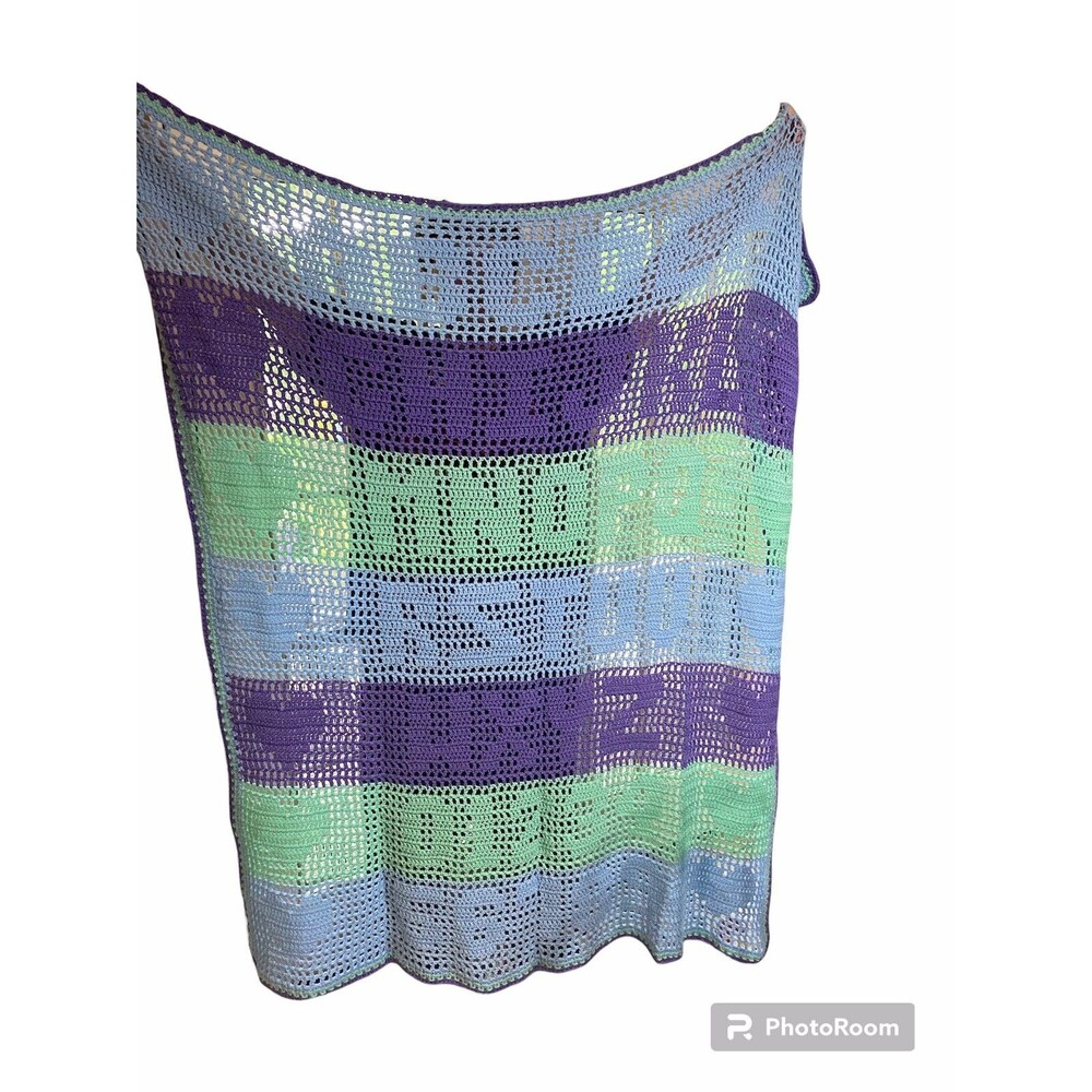 Handmade Crochet Blanket Purple Blue Green ABC 123 Pattern 75”x80” Beautiful